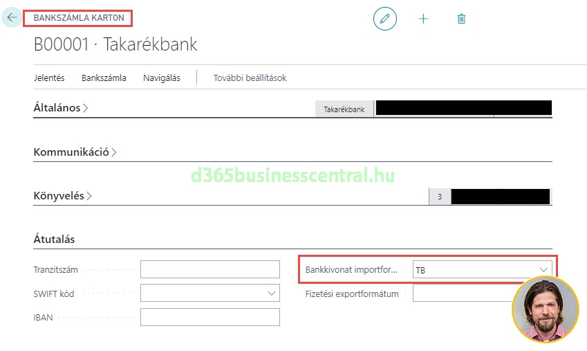 Business Central bankszámla karton