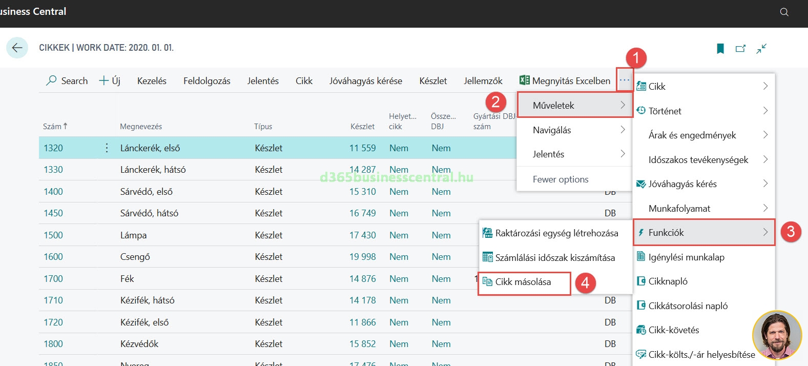 Business Central - cikk másolása