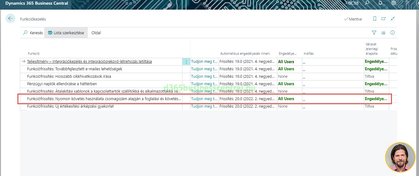 Business Central - csomagszám követés engedélyezése