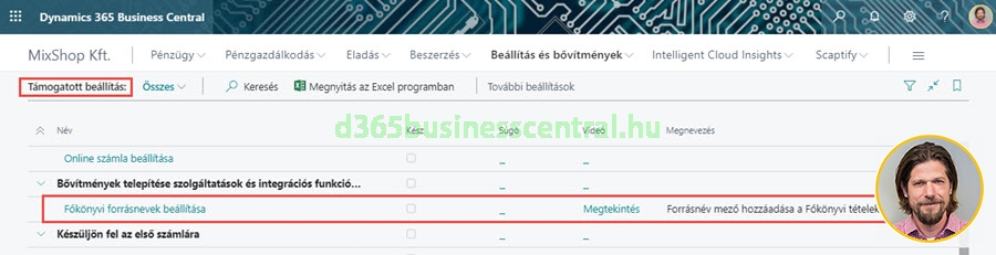 Főkönyvi forrásnevek támogatott beállítás Business Centralban