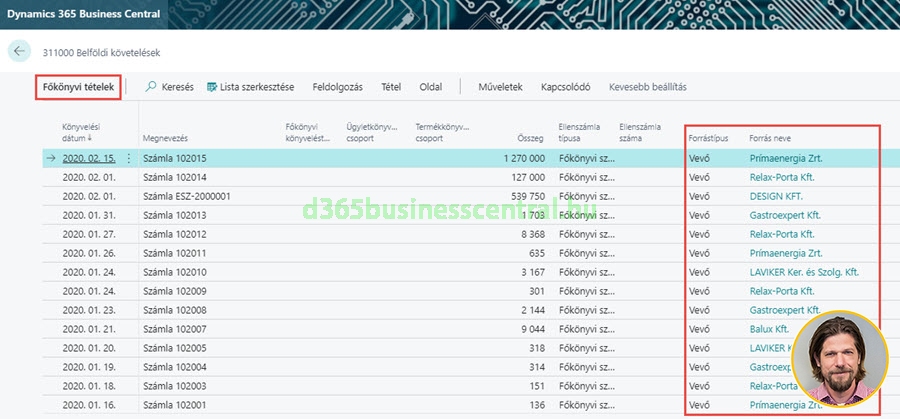 Főkönyvi forrásnevek megjelentése Business Central-ban