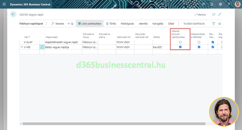 Business Central -  Könyvelt főkönyvi napló beállítása