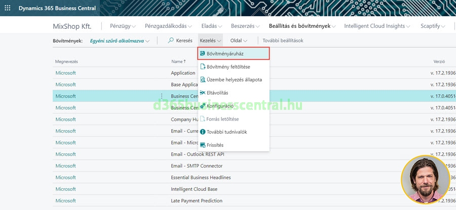 Business Central bővítmény telepítése a Microsoft AppSource-ból