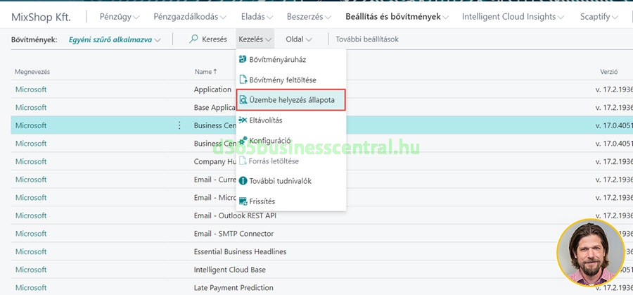 Buisness Central bővítmények telepítési állapota