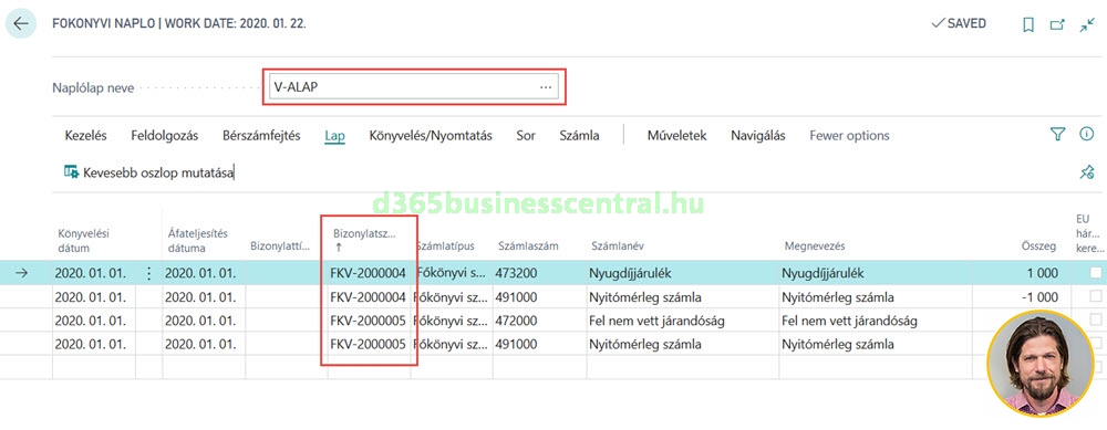 Dynamics 365 Business Central - Főkönyvi napló bővített nézet