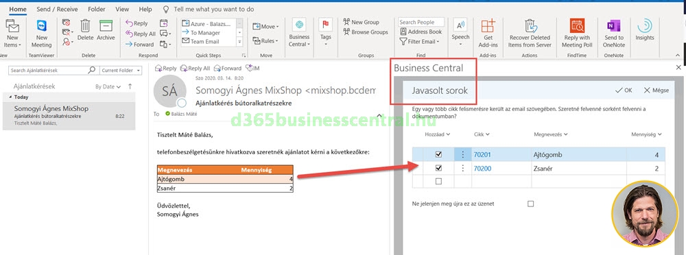 Business Central Outlook add-in ajánlat sorok létrehozása
