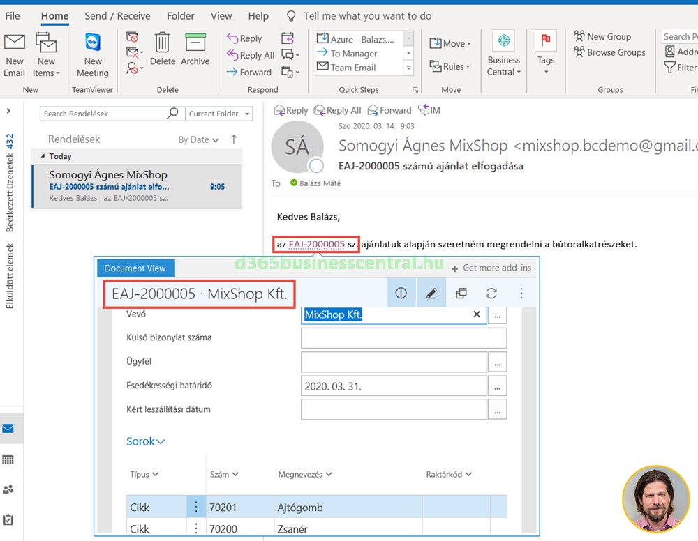 Business Central Outlook add-in bizonylatszám felismerés